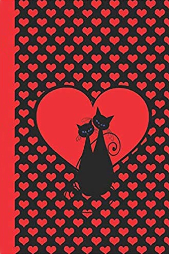 Red and black journal notebook with black background and red small red hearts. In the center there is a big red heart and two black cats sitting together.