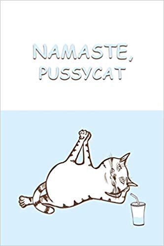 Light blue and white journal notebook with a cartoon cat in a yoga pose on the cover. Light blue text says Namaste, Pussycat.