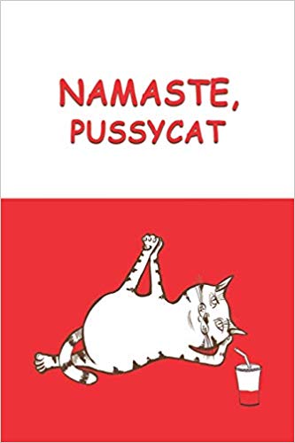 Red and white journal notebook with a cartoon cat in a yoga pose on the cover. Red text says Namaste, Pussycat.