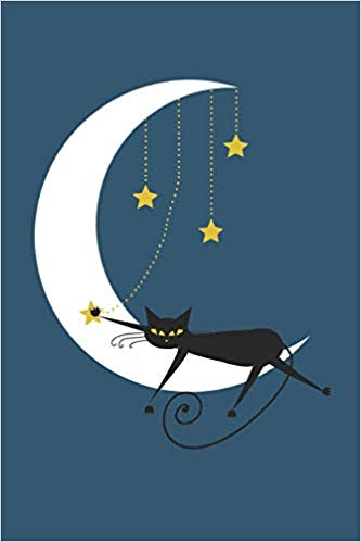 Blue Journal with a black cat lounging on a white crescent moon while playing with yellow stars.