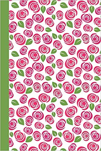 Pretty flowered journal cover with pink roses and green leaves on a white background with a green spine.