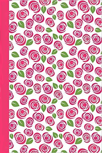 Pretty flowered journal cover with pink roses and green leaves on a white background with a pink spine.