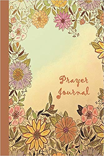 Prayer Journal by Premise Content Journals in tan, brown, purple and yellow with flowers.