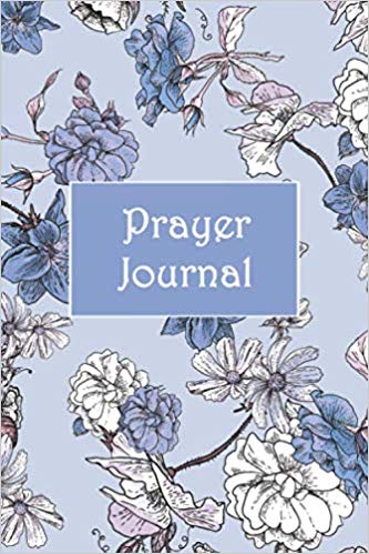 Prayer Journal with flowers on a blue background and Prayer Journal in white text.