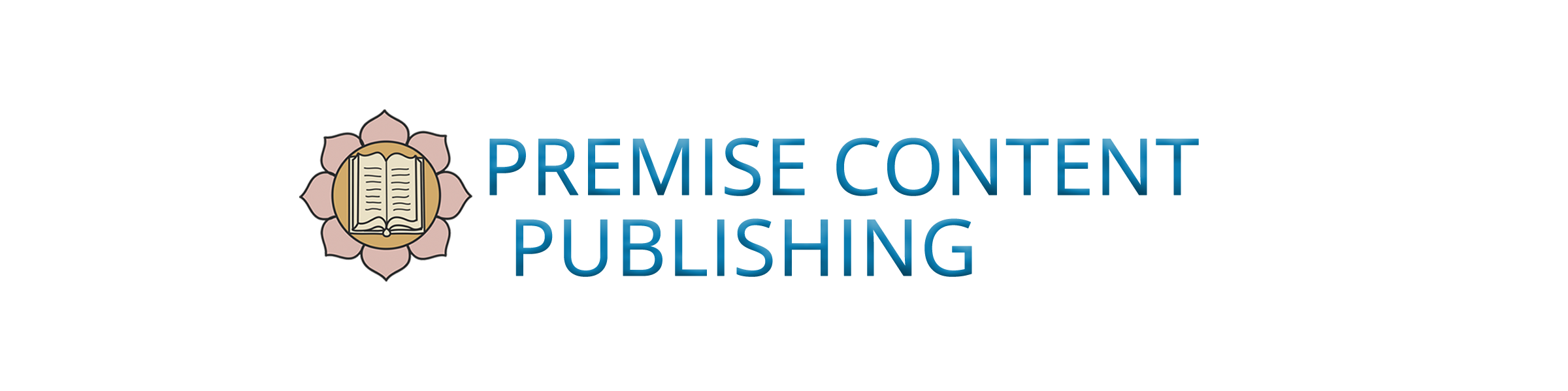 Premise Content Publishing Logo - A pink Lotus flower with the image of an open book in a mustard yellow circle in the center. Text in blue says Premise Content Publishing