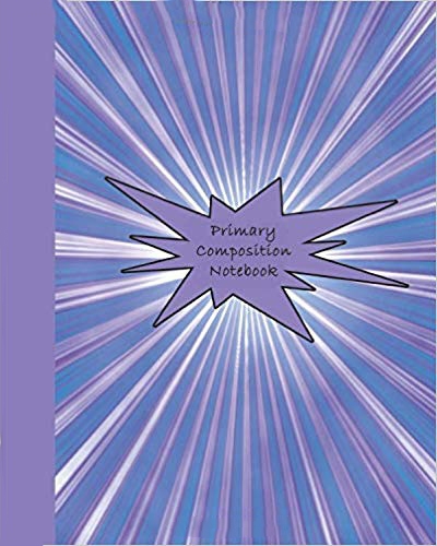 Purple and blue notebook with a superhero starburst in purple and the words Primary Composition Notebook.