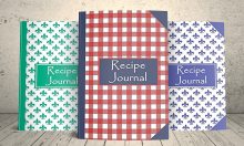 Three Recipe Journals by Premise Content Journals, Green Fleur de Lis, Blue Fleur de Lis and Checkerboard red and blue.
