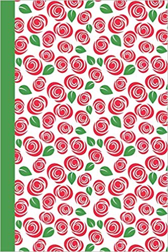 Pretty flowered journal cover with red roses and green leaves on a white background with a green spine.