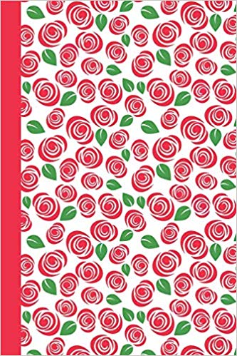 Pretty flowered journal cover with red roses and green leaves on a white background with a red spine.