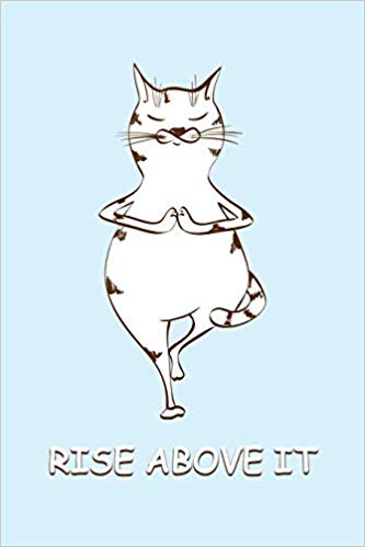 Light blue writing journal with a white cat standing in a yoga pose. White text says RISE ABOVE IT