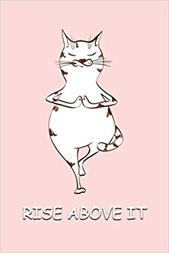 Pink writing journal with a white cat standing in a yoga pose. White text says RISE ABOVE IT