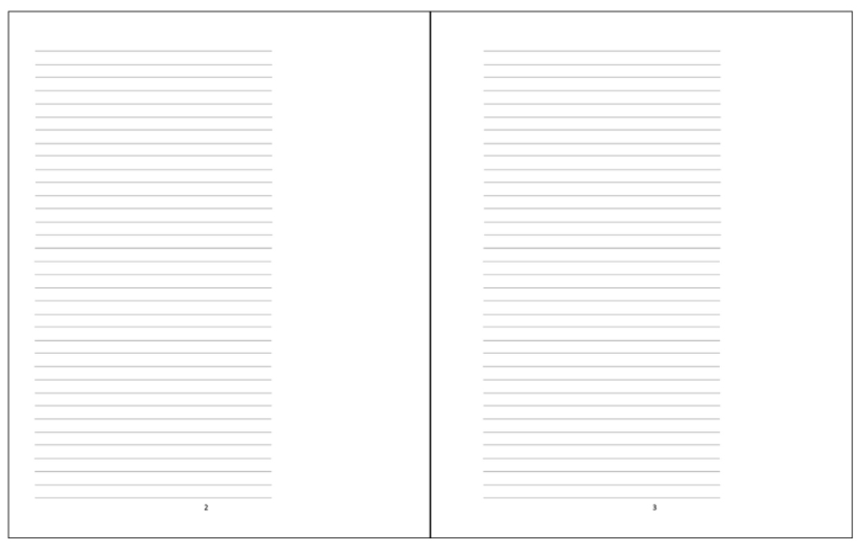 Two numbered interior pages of the side sketch journal with lines and wide margins. on the right