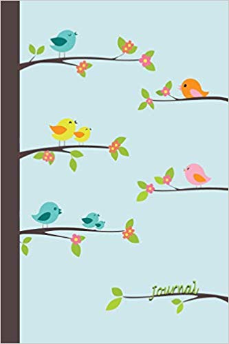 Blue journal with cartoon birds and flowers sitting on branches. Green text says Journal.