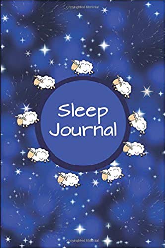 Blue sleep journal with white sheep. White text says Sleep Journal.