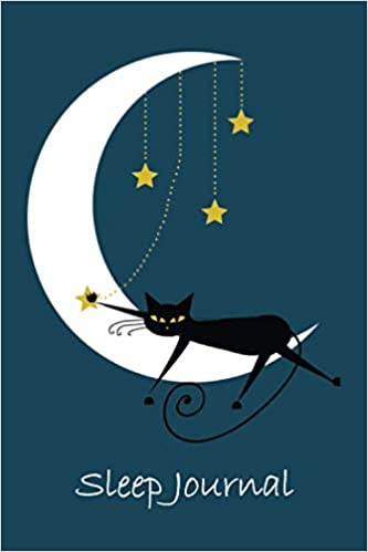 Blue Sleep Journal with a black cat lounging on a white crescent moon playing with yellow stars. At the bottom of the cover, the words sleep journal are written in white text.