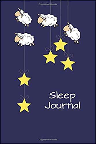 Blue sleep journal with white sheep and yellow stars. White text says Sleep Journal.