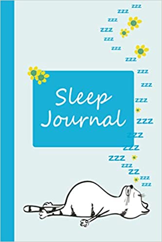 Blue sleep tracker with cartoon cat resting on his back dreaming of flowers. White text in blue frame says sleep journal.