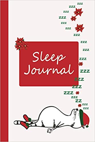 Sleep Journal/Tracker with Sleeping Cat wearing a red and green Santa hat and red and green snow boots with Poinsetta flowers.