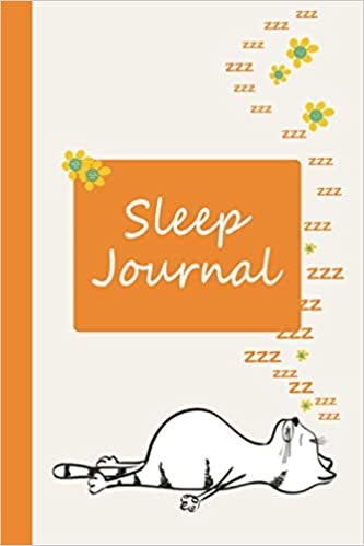 Orange sleep tracker with cartoon cat resting on his back dreaming of flowers. White text in orange frame says sleep journal.