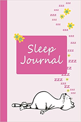 Pink sleep tracker with cartoon cat resting on his back dreaming of flowers. White text in pink frame says sleep journal.