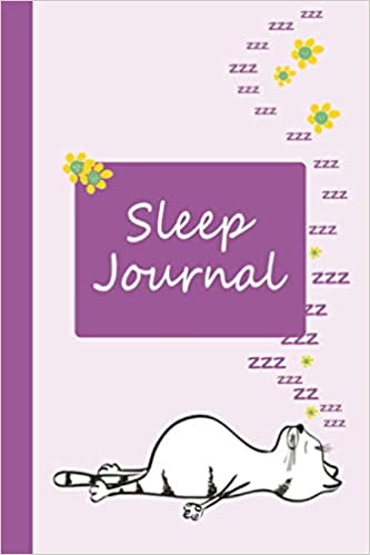 Purple sleep tracker with cartoon cat resting on his back dreaming of flowers. White text in purple frame says sleep journal.