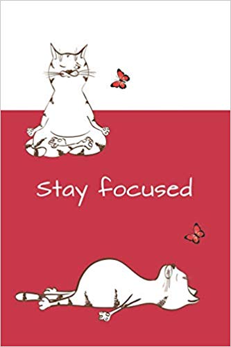 Red and white journal with white text on red background. Text says: Stay Focused. Two funny cats in yoga poses with butterflies.