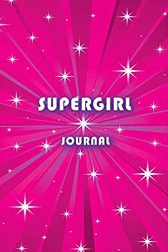 Pink journal with a burst of white stars and white text that says Supergirl Journal