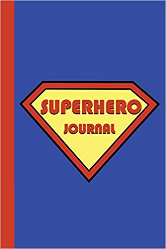 Superhero journal in red and yellow on a blue background. Red text that says Superhero Journal.
