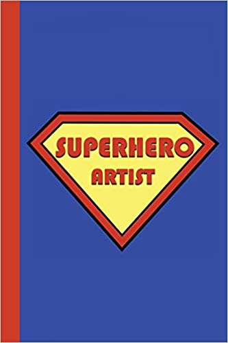 Superhero journal in red and yellow on a blue background. Red text that says Superhero Artist.