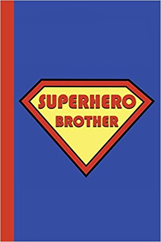 Superhero journal in red and yellow on a blue background. Red text that says Superhero Brother.