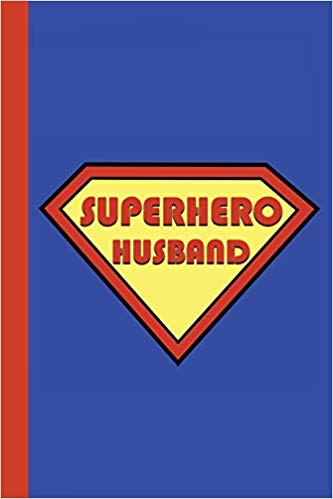 Superhero journal in red and yellow on a blue background. Red text that says Superhero Husband.