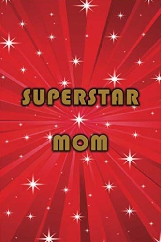 Red journal with white stars and gold lettering that says SUPERSTAR MOM.