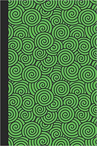 Green and black journal with swirls on the cover.