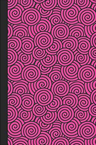 Pink and black journal with swirls on the cover.