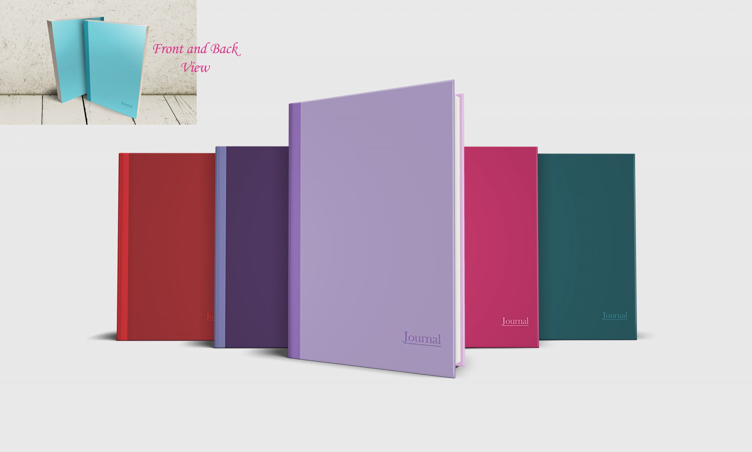 Five journals in a variety of colors: purple, pink, red, green and blue. Each cover is in two tones of the same solid color.