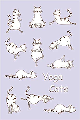 Purple and white journal with cats doing yoga on the cover. White text says yoga cats.