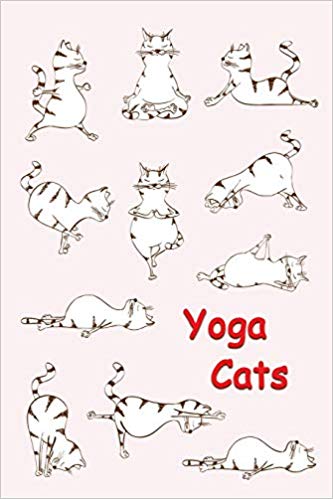 Pink, red and white journal with cats doing yoga on the cover. Red text says yoga cats.